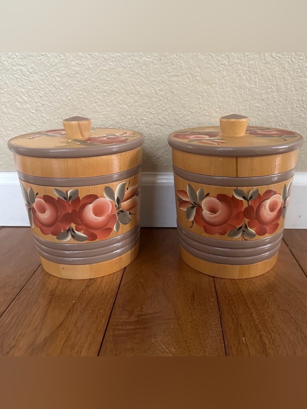 Vintage Hand-Painted Wooden Containers with Lids Soviet USSR Folk Art | Set of 2